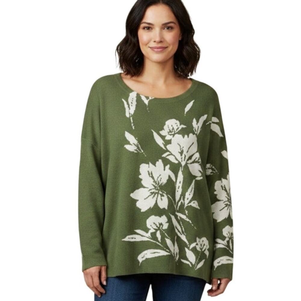 J Joie Floral Sweater Womens Size 3X Green Ivory Oversized Button Back Casual